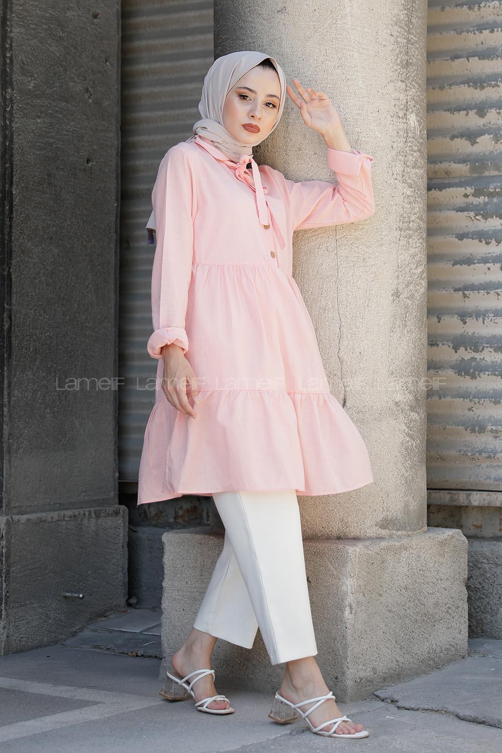 Modalamelif Yaka Bağlamalı Fırfırlı Tunik Pudra