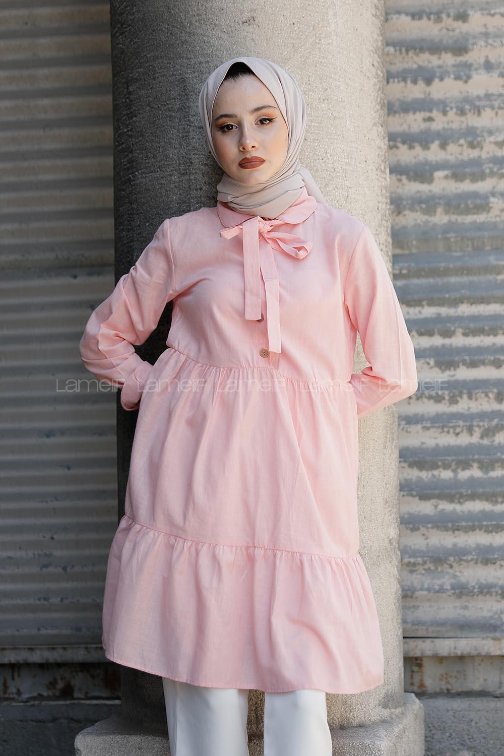 Modalamelif Yaka Bağlamalı Fırfırlı Tunik Pudra