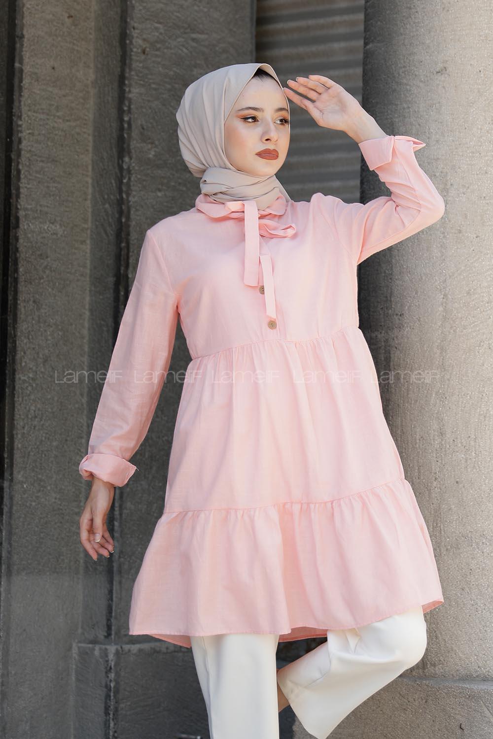 Modalamelif Yaka Bağlamalı Fırfırlı Tunik Pudra