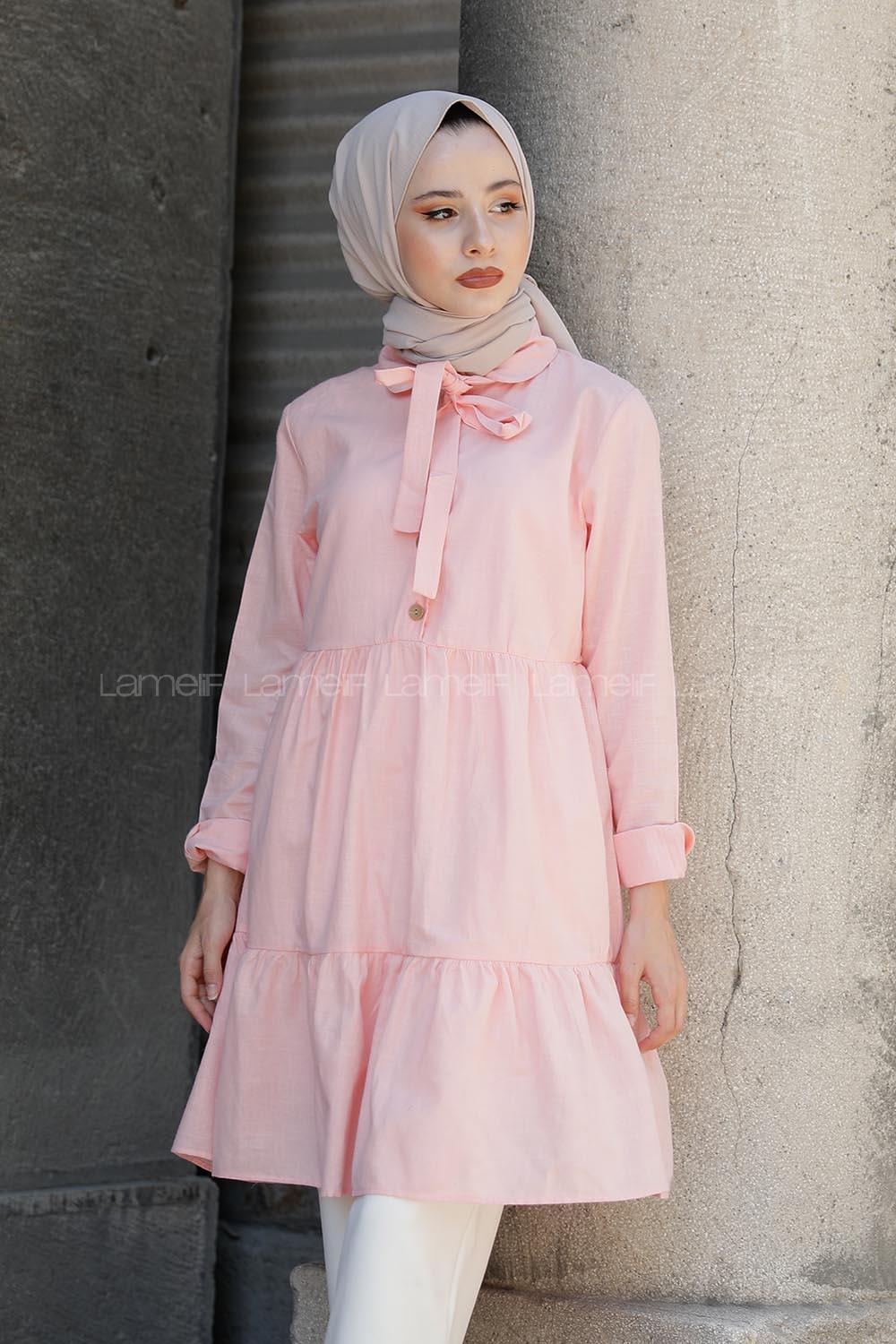 Modalamelif Yaka Bağlamalı Fırfırlı Tunik Pudra