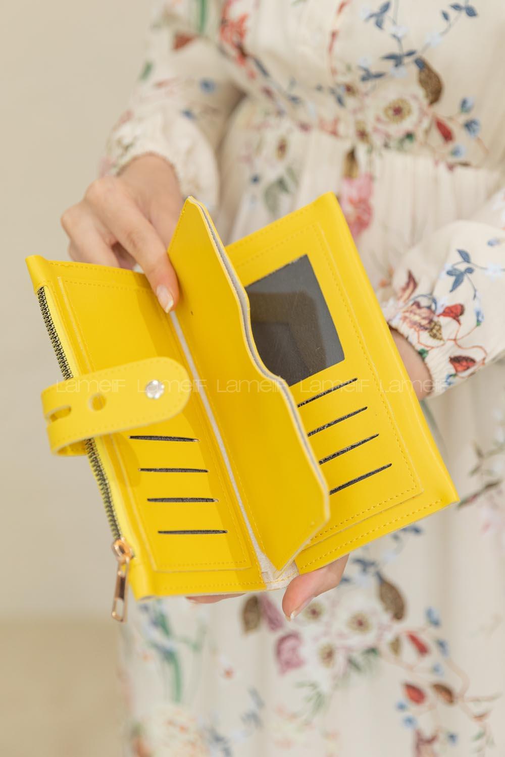 Modalamelif Kapak Kilitli Düz Renk Cüzdan Hardal Sarı