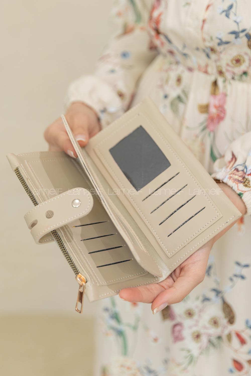 Modalamelif Kapak Kilitli Düz Renk Cüzdan Vizonrengi