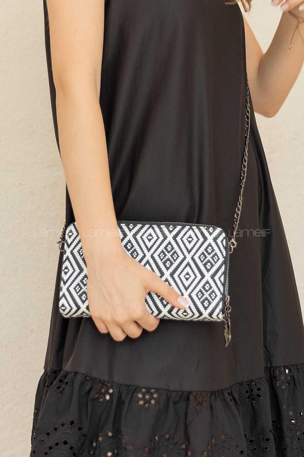 Modalamelif Kilim Desen Kapitone Çapraz Çanta Siyah Beyaz