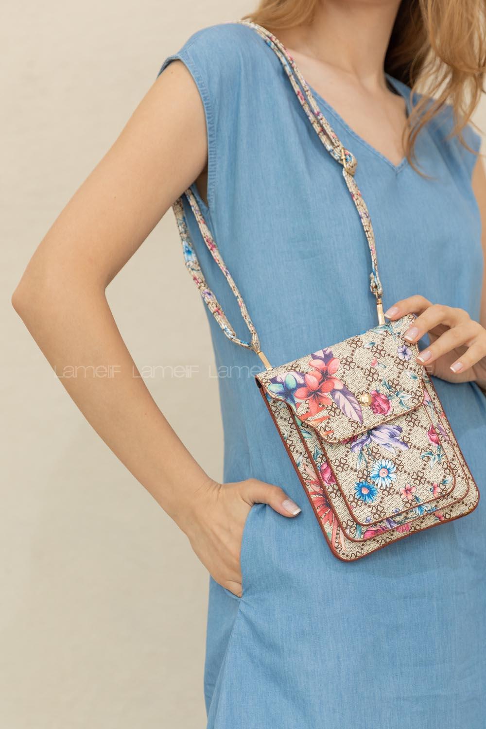 Modalamelif  Messenger Model Çiçek Desen Çanta Bej