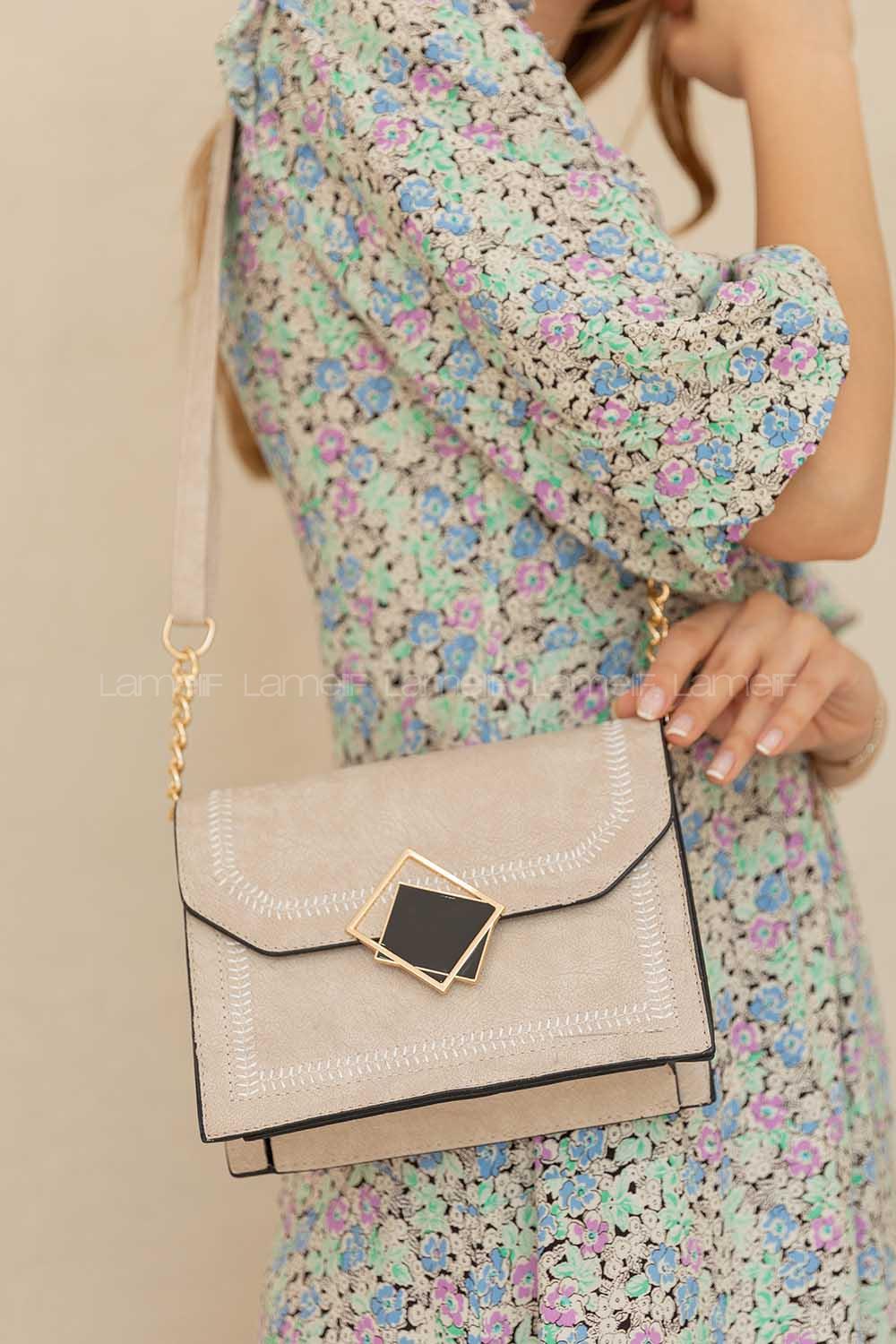 Modalamelif Metal Kilitli Andora Çapraz Çanta Krem