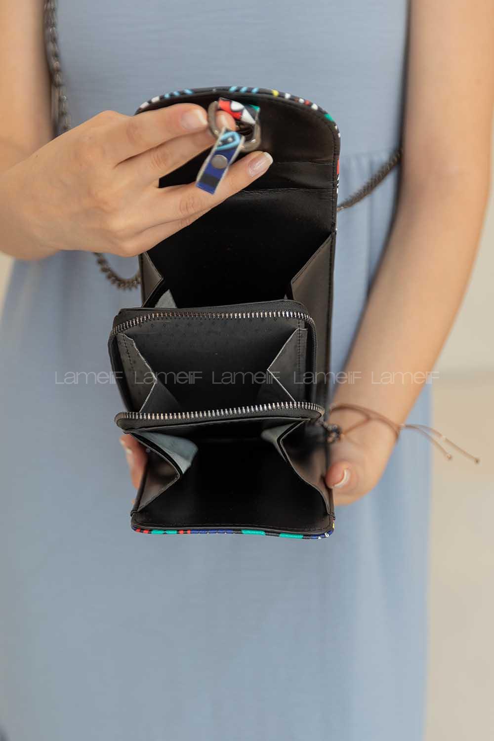 Modalamelif Metal Tokalı Pop-Art Mesenger Çanta Siyah