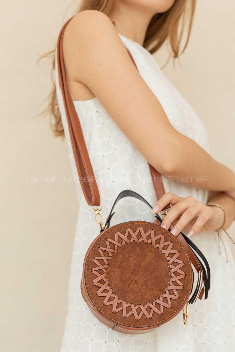 Modalamelif Püsküllü Silindir Çapraz Çanta Taba