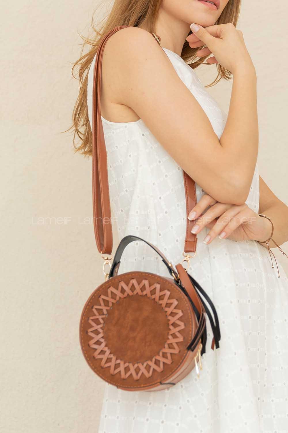 Modalamelif Püsküllü Silindir Çapraz Çanta Taba