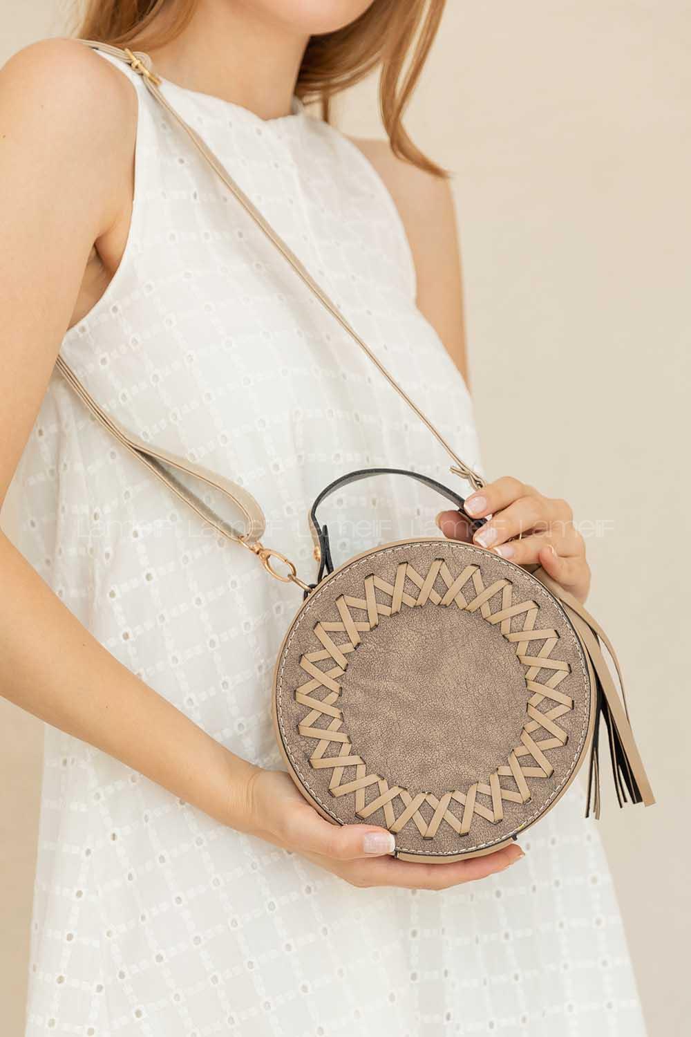 Modalamelif Püsküllü Silindir Çapraz Çanta Vizonrengi