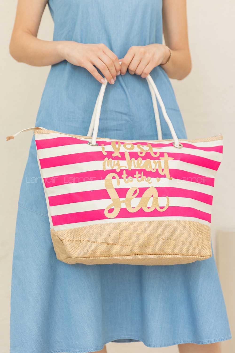 Modalamelif Şeritli Hasır Çanta Pembe