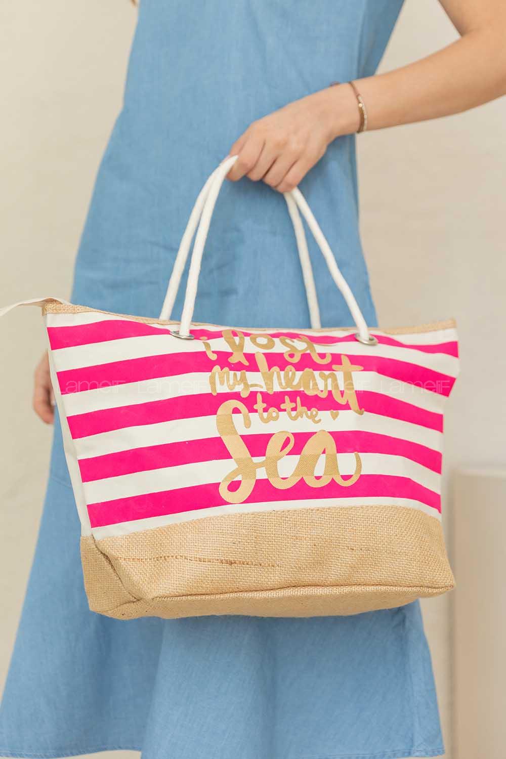 Modalamelif Şeritli Hasır Çanta Pembe