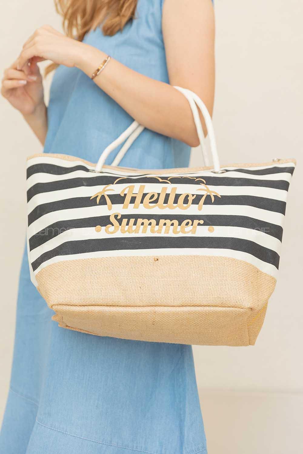 Modalamelif Şeritli Hasır Çanta Siyah