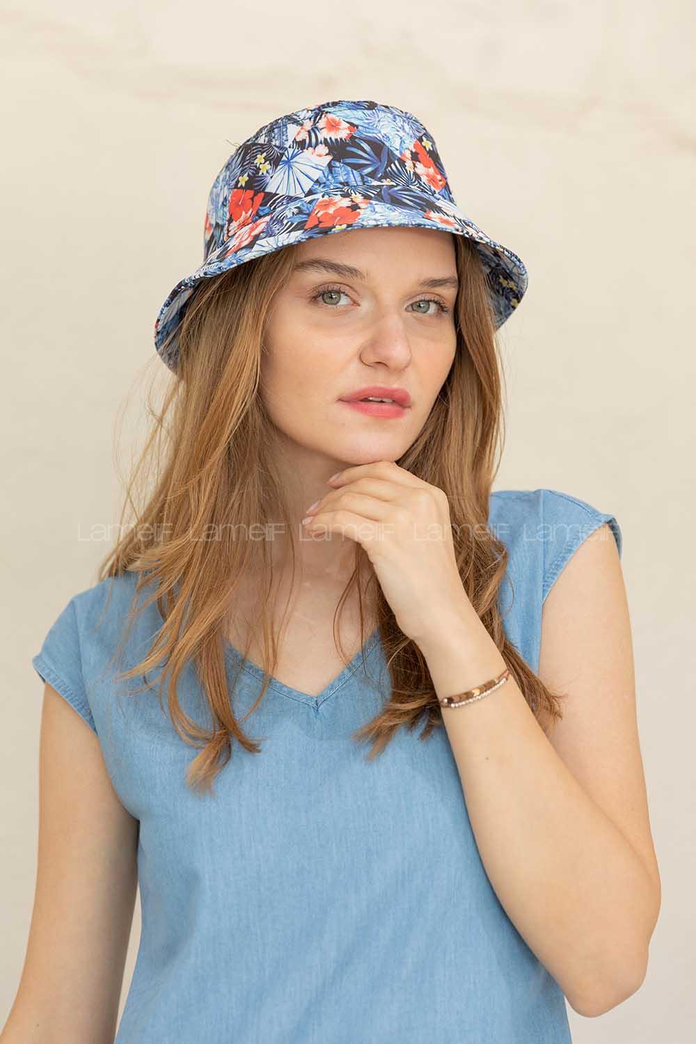 Modalamelif Yaprak Desen Balıkçı Fötr Şapka Açık Mavi