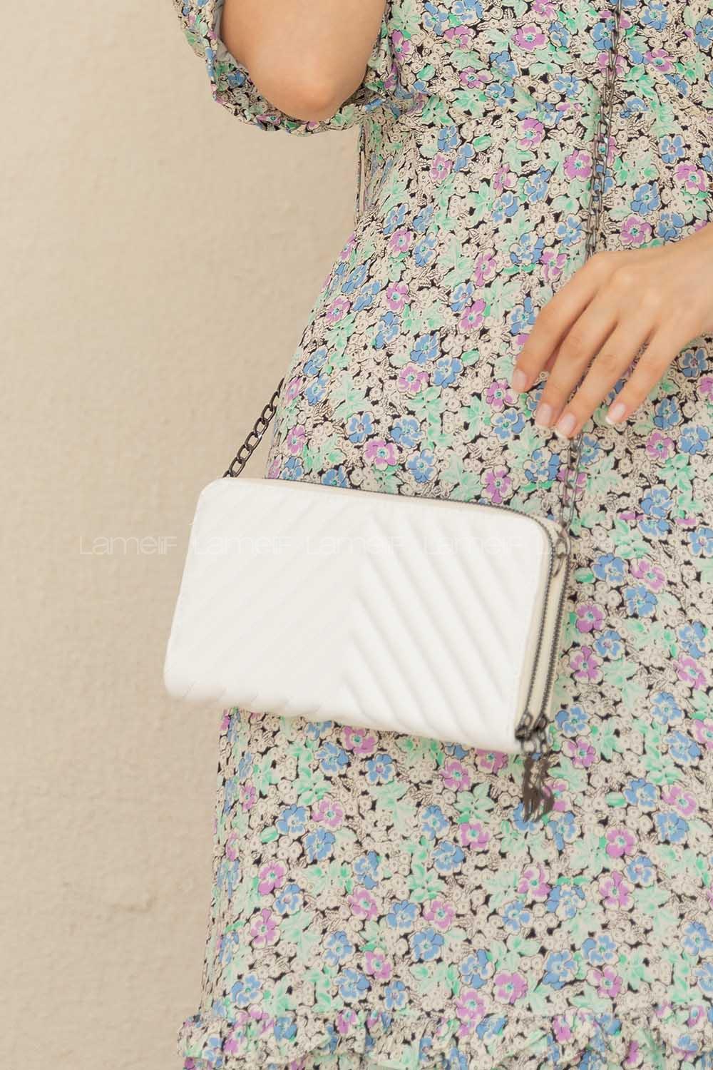 Modalamelif Zincir Askılı Kapitone Çapraz Çanta Beyaz