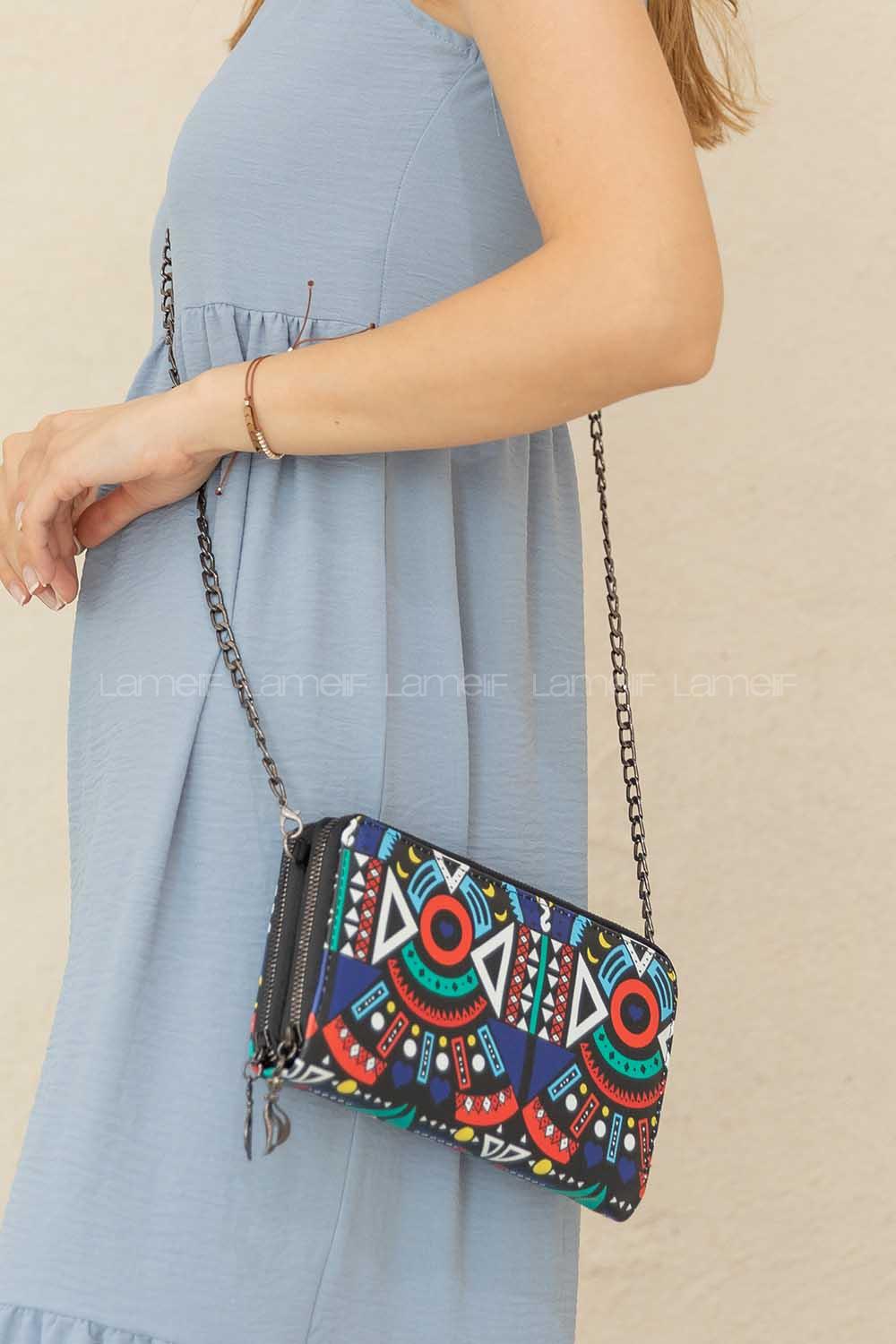 Modalamelif Zincir Askılı Pop-Art Çapraz Çanta Siyah