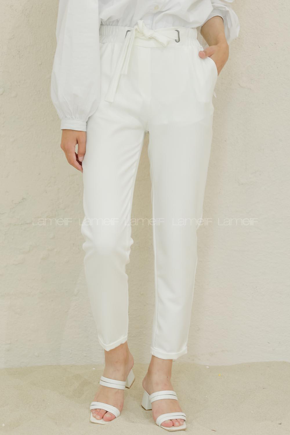 Modalamelif Beli Lastikli Havuç Pantolon Beyaz
