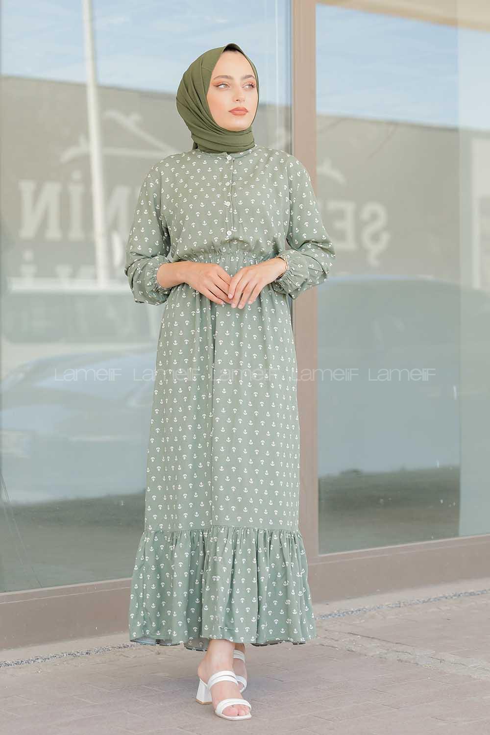 Modalamelif Gemici Desen Elbise Pastel Yeşili