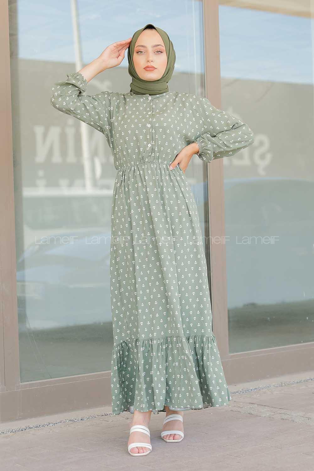 Modalamelif Gemici Desen Elbise Pastel Yeşili