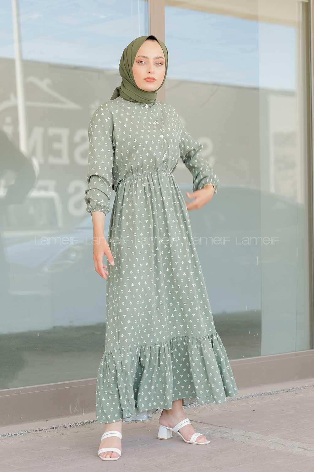 Modalamelif Gemici Desen Elbise Pastel Yeşili