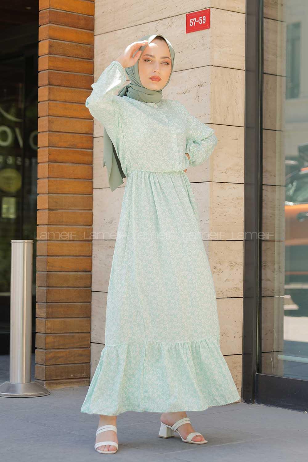 Modalamelif Minimal Çiçek Desen Elbise Çağla Yeşili