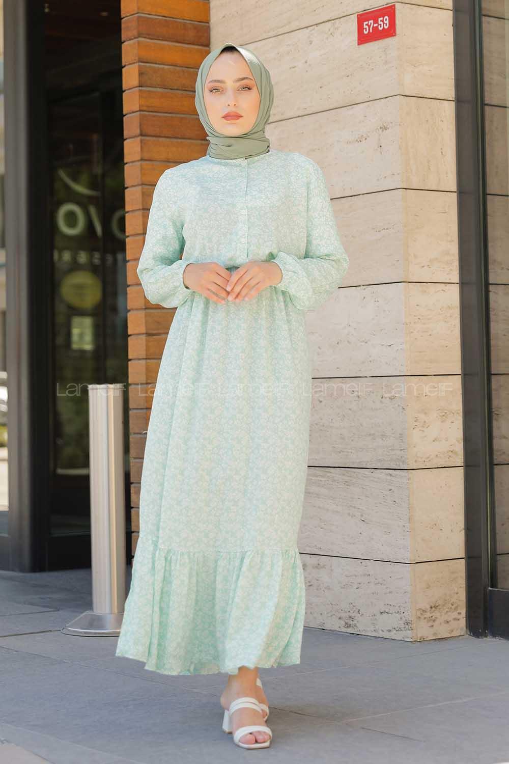 Modalamelif Minimal Çiçek Desen Elbise Çağla Yeşili