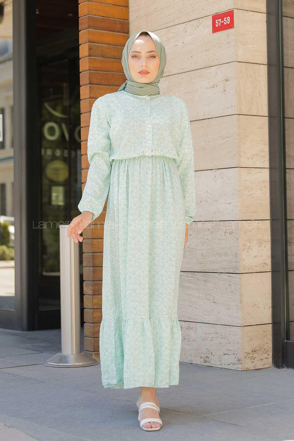 Modalamelif Minimal Çiçek Desen Elbise Çağla Yeşili