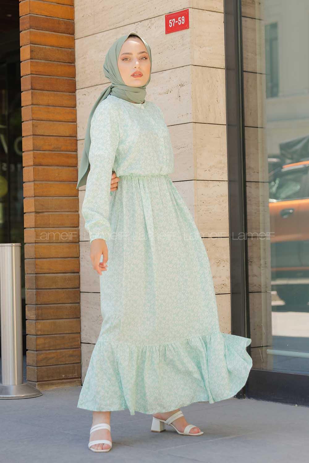 Modalamelif Minimal Çiçek Desen Elbise Çağla Yeşili