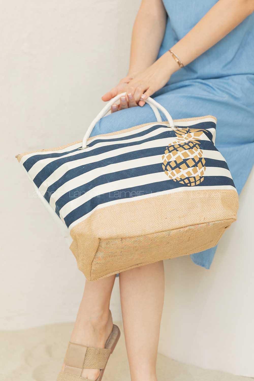 Modalamelif Şeritli Hasır Çanta Lacivert