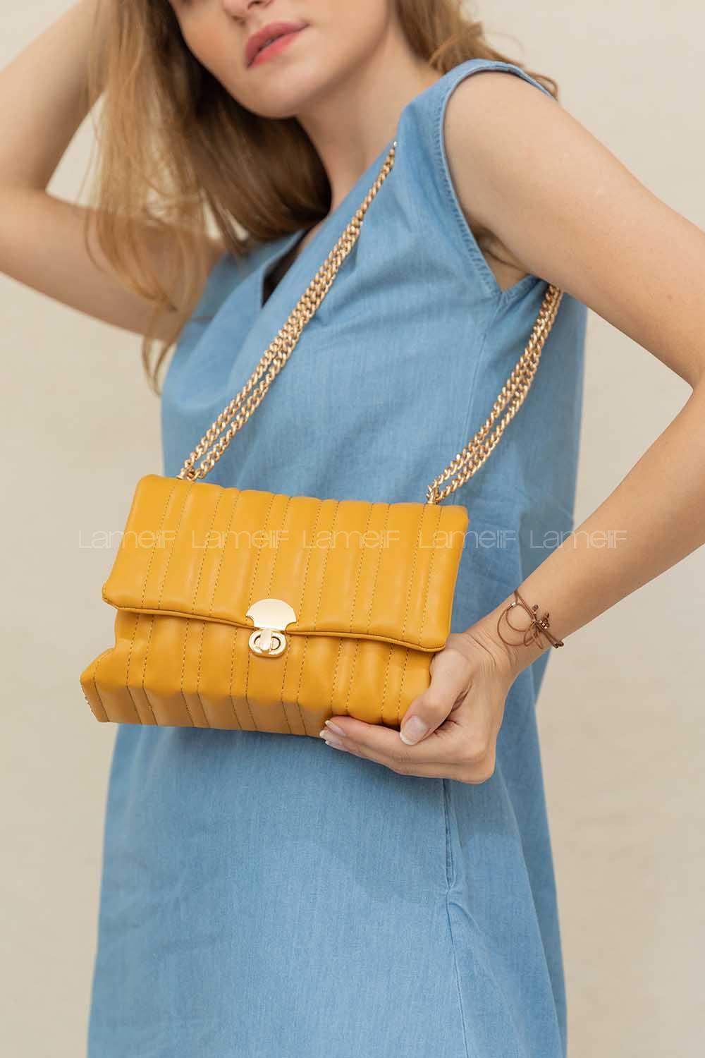 Modalamelif Zincir Askılı Kapitone Çapraz Çanta Hardal Sarısı