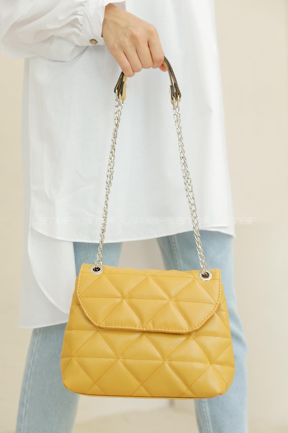 Modalamelif Dikişli Kapitone Çapraz Çanta Hardal Sarısı