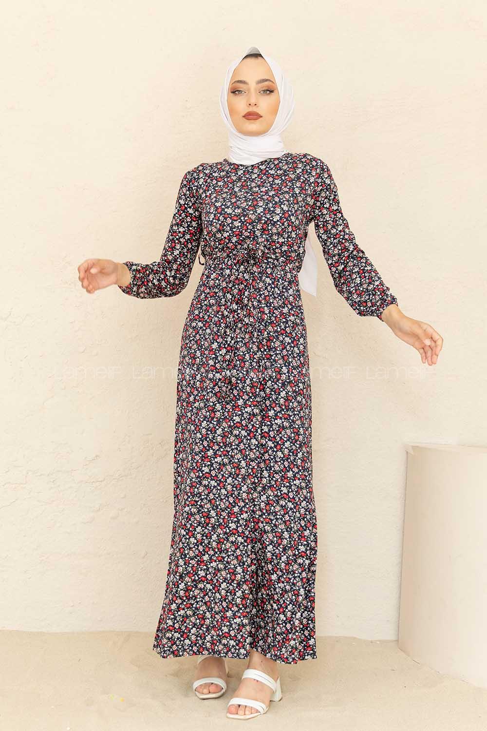 Modalamelif Mini Papatya Desenli Kuşaklı Elbise Lacivert Bordo