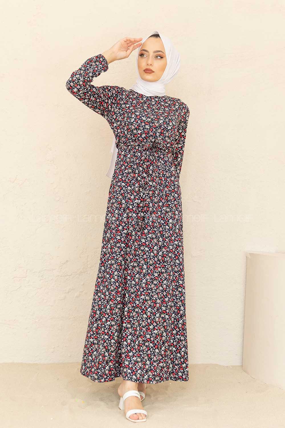 Modalamelif Mini Papatya Desenli Kuşaklı Elbise Lacivert Bordo