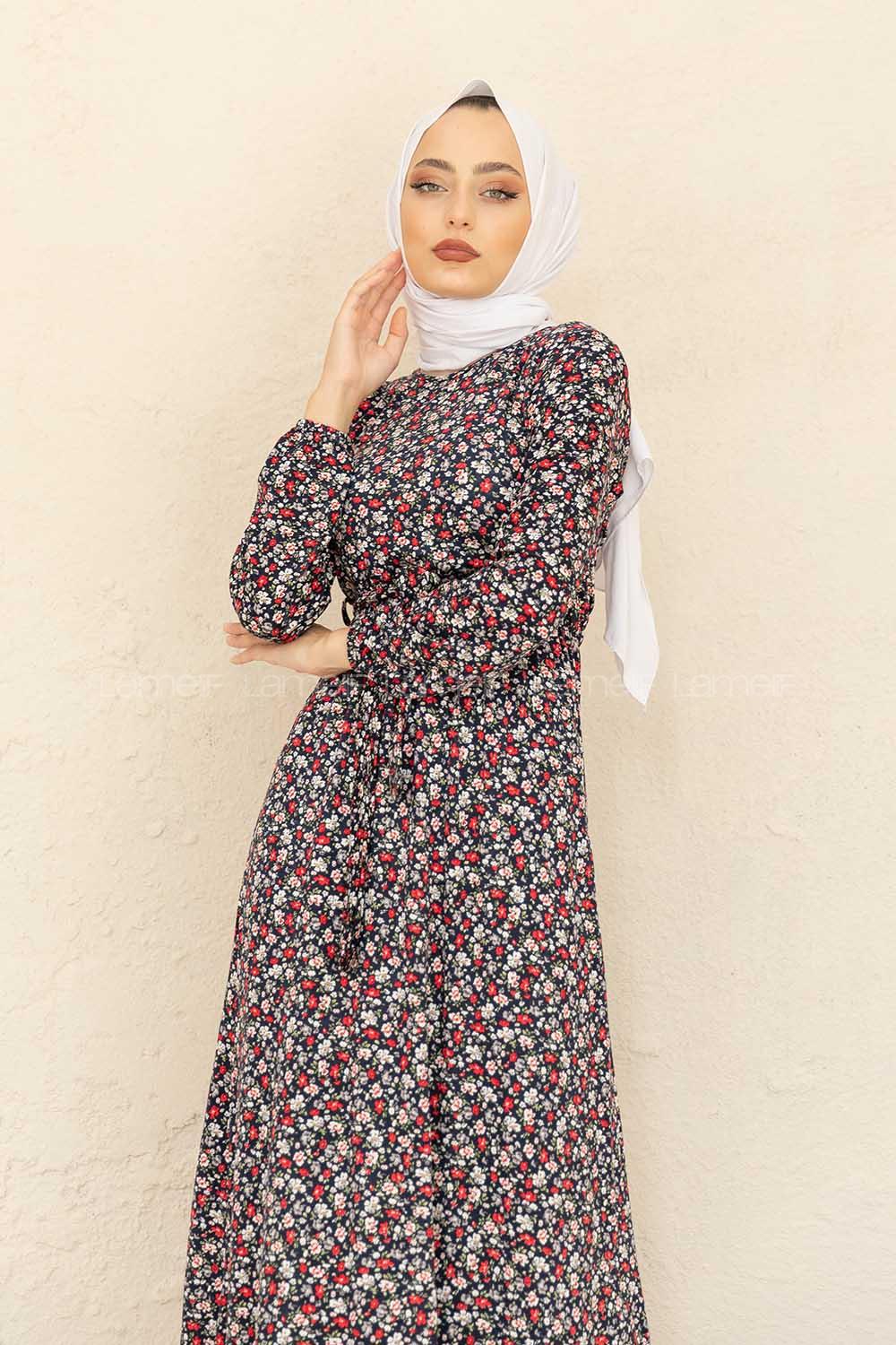 Modalamelif Mini Papatya Desenli Kuşaklı Elbise Lacivert Bordo