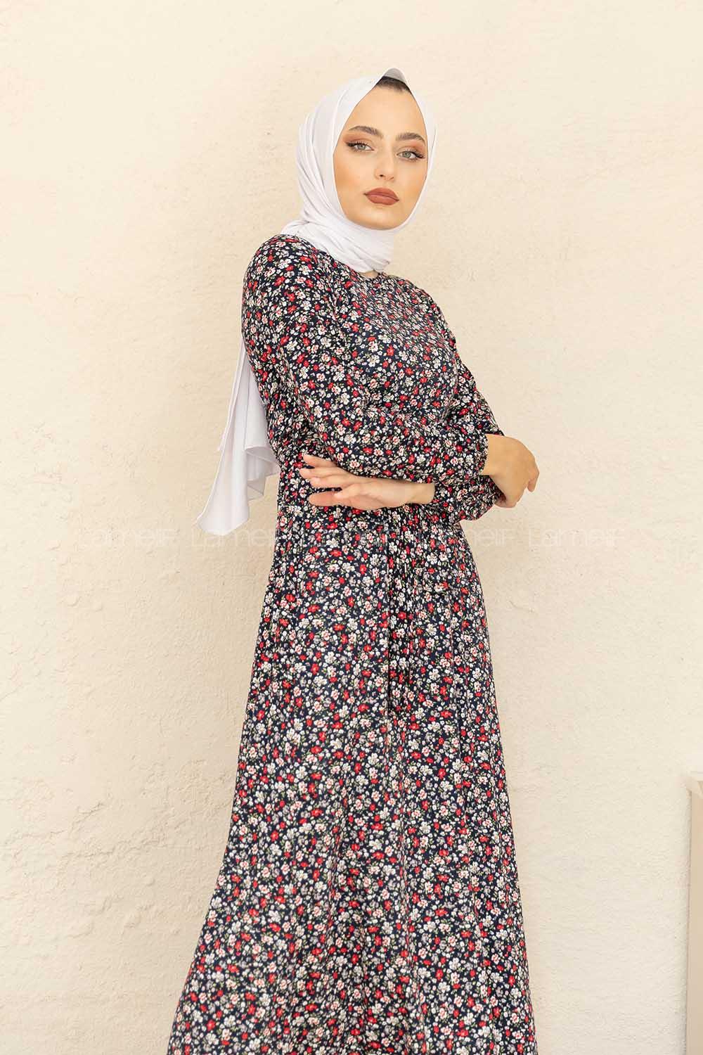 Modalamelif Mini Papatya Desenli Kuşaklı Elbise Lacivert Bordo