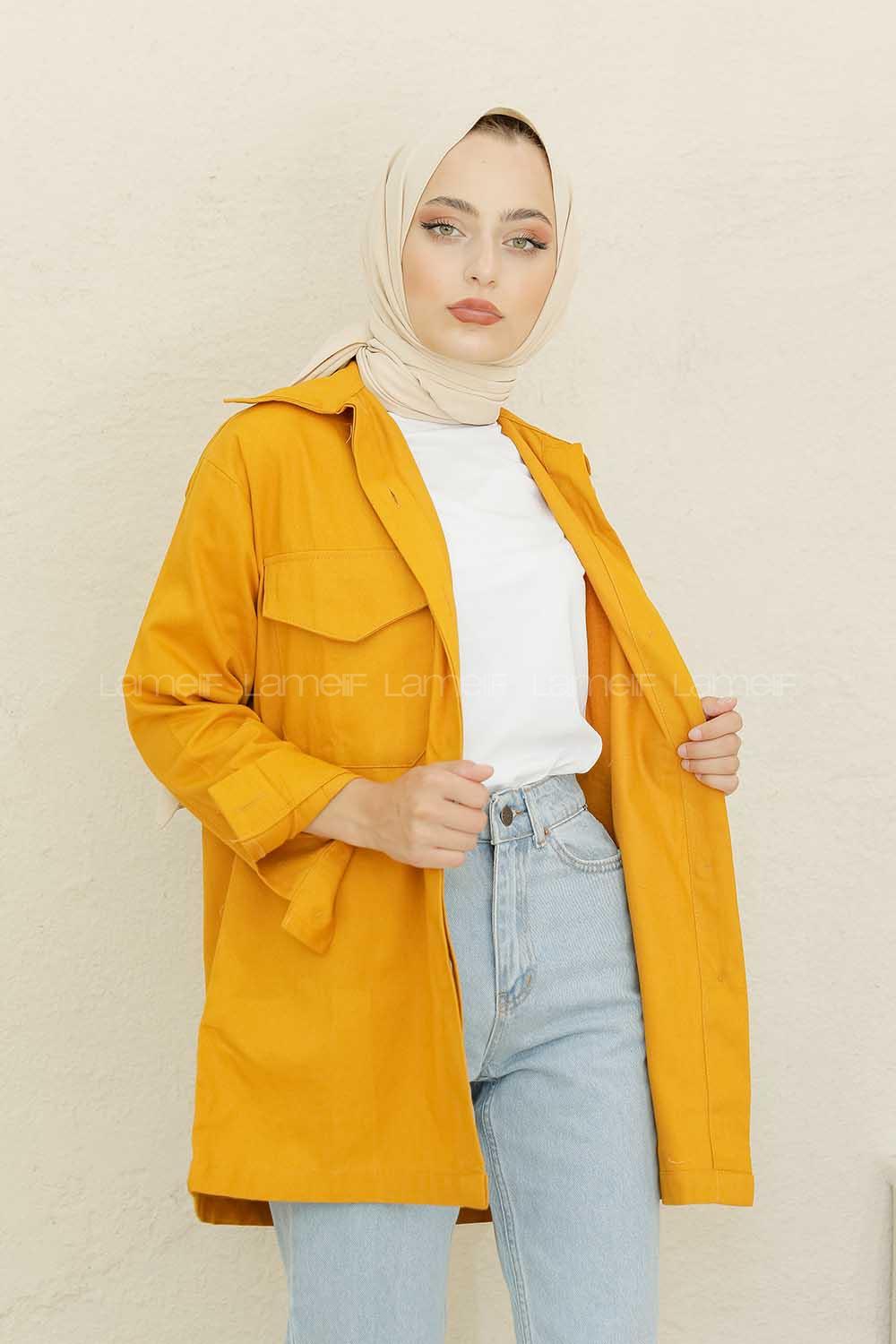 Modalamelif Önü Tahta Düğmeli Kot Ceket Hardal Sarısı