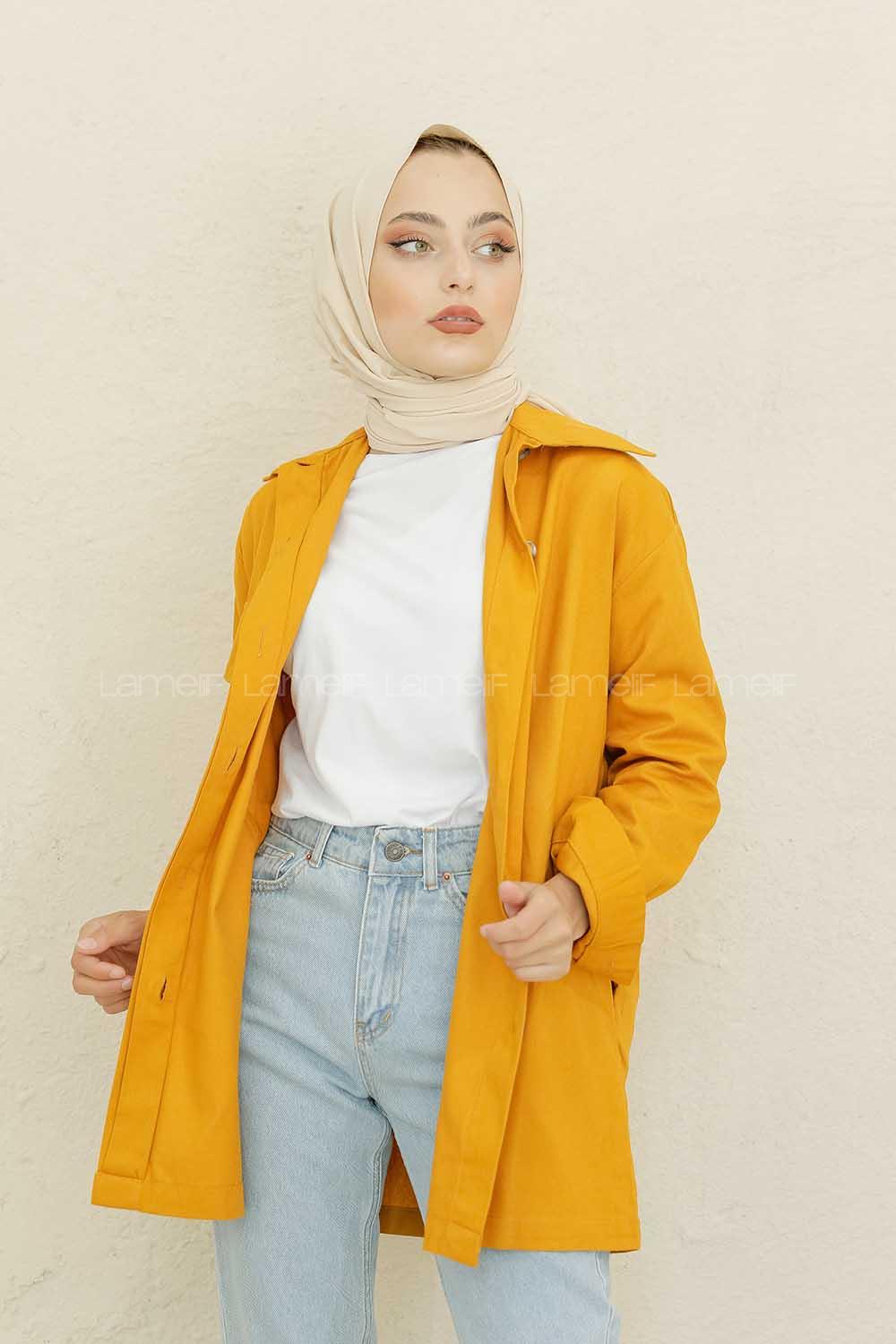 Modalamelif Önü Tahta Düğmeli Kot Ceket Hardal Sarısı