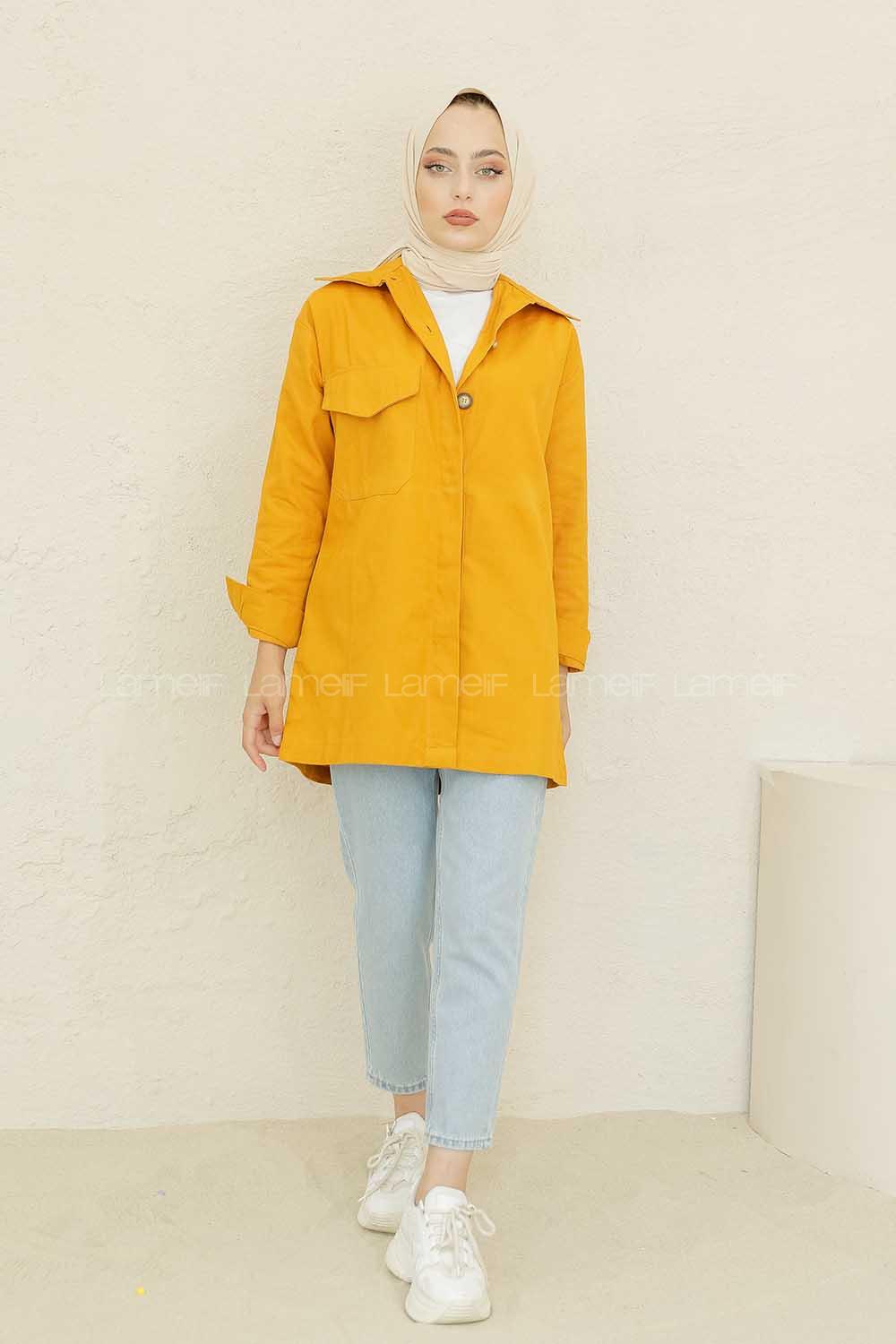 Modalamelif Önü Tahta Düğmeli Kot Ceket Hardal Sarısı