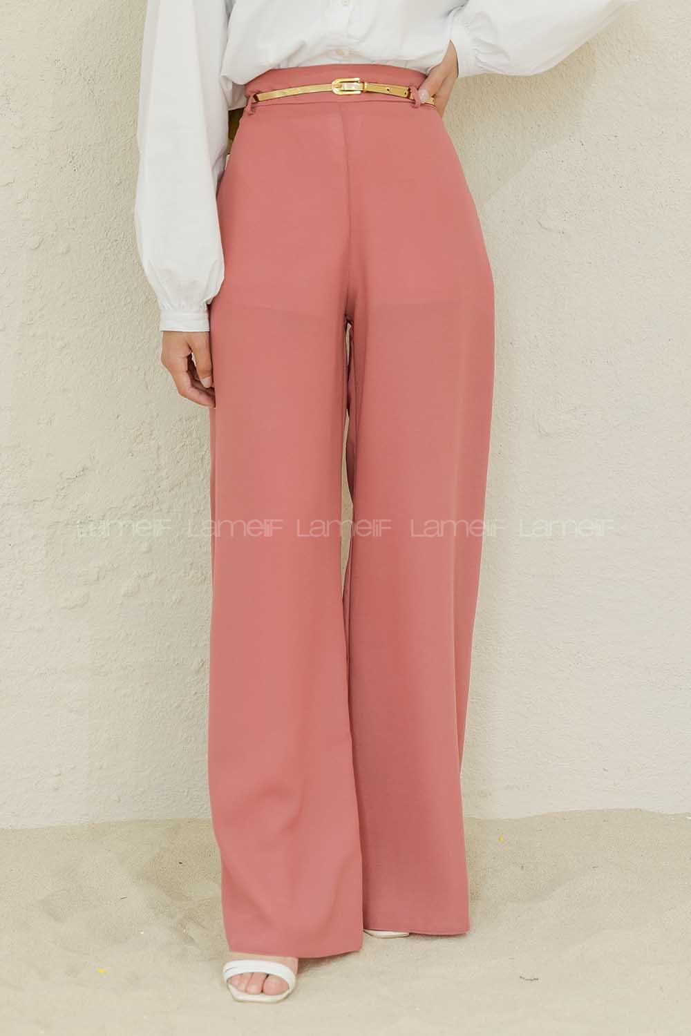 Modalamelif Parlak Kemerli Salaş Pantolon Gül