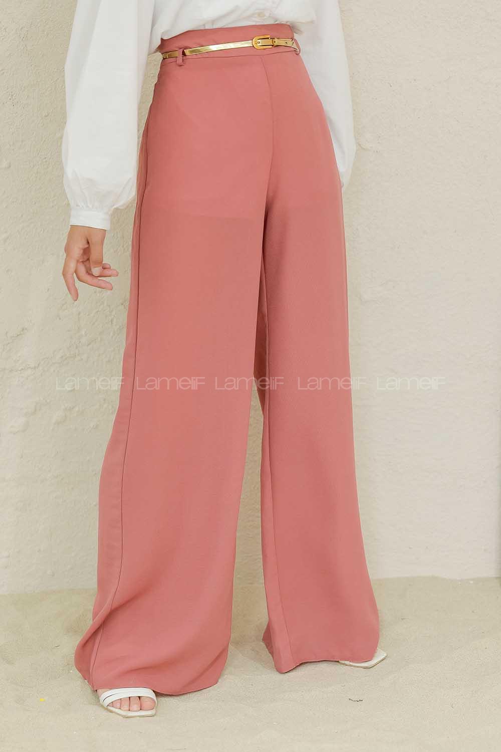 Modalamelif Parlak Kemerli Salaş Pantolon Gül