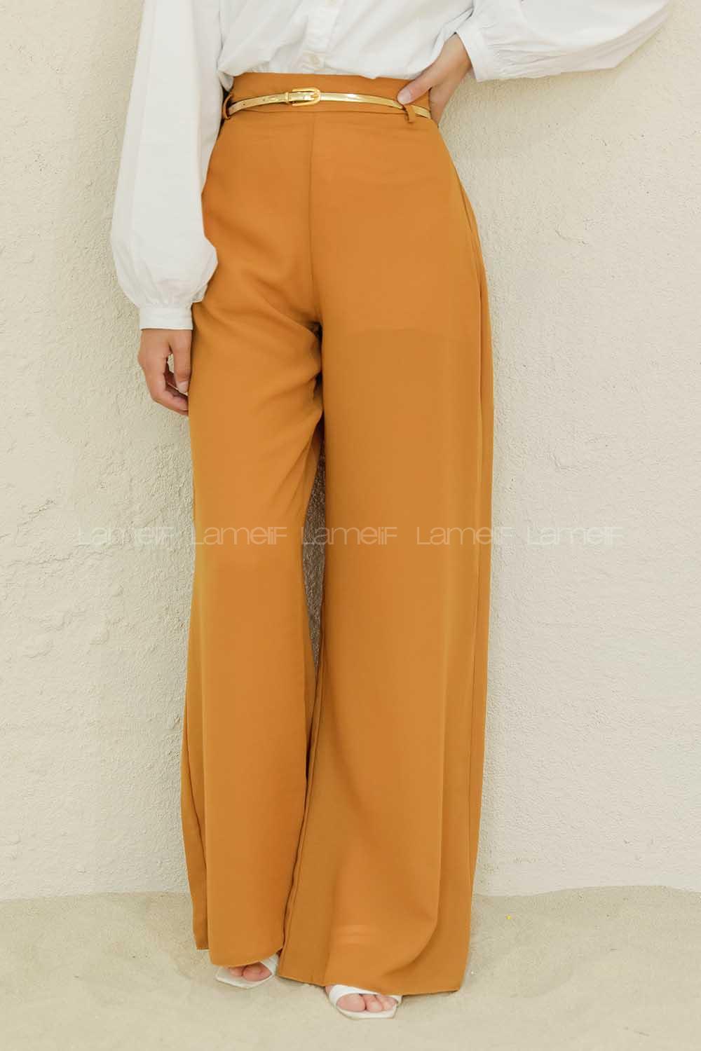 Modalamelif Parlak Kemerli Salaş Pantolon Hardal
