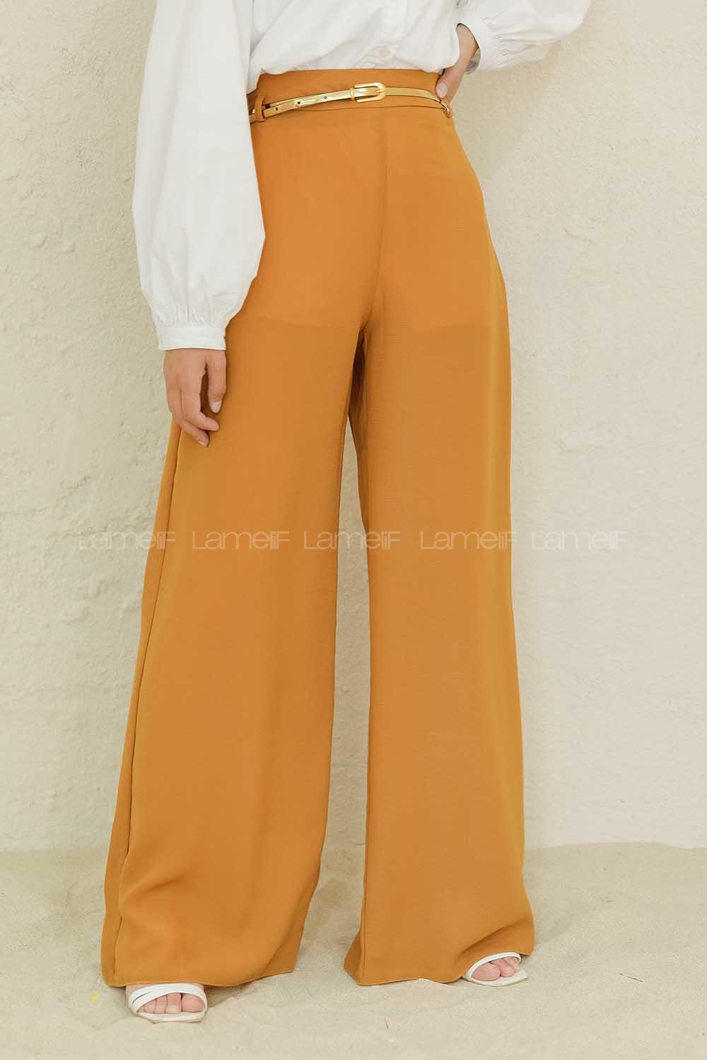 Modalamelif Parlak Kemerli Salaş Pantolon Hardal