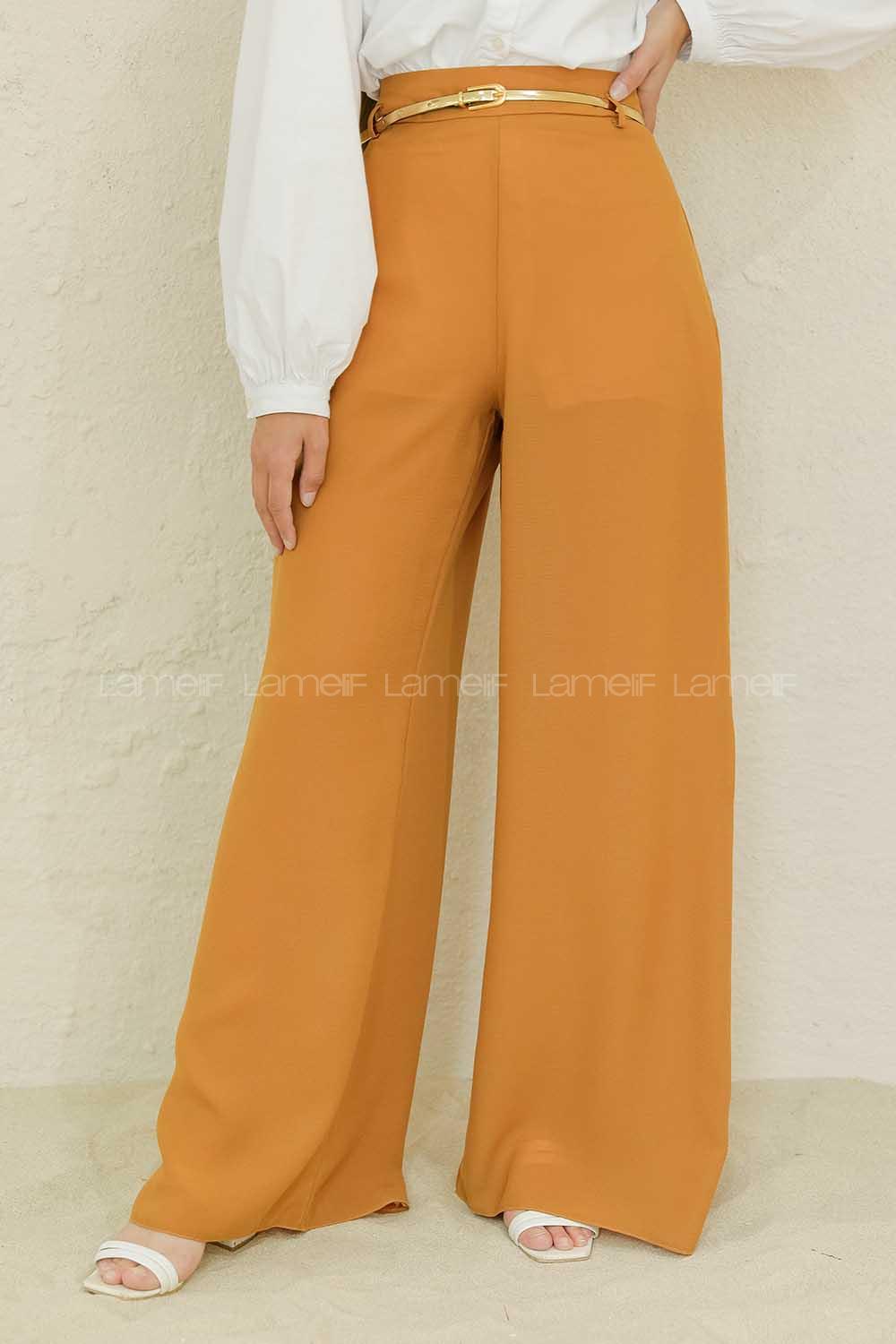 Modalamelif Parlak Kemerli Salaş Pantolon Hardal