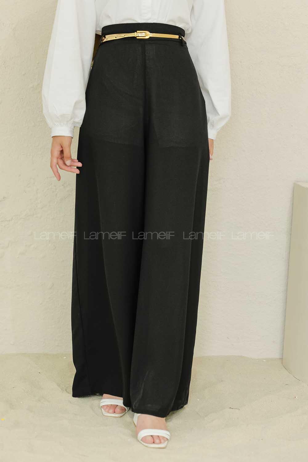 Modalamelif Parlak Kemerli Salaş Pantolon Siyah