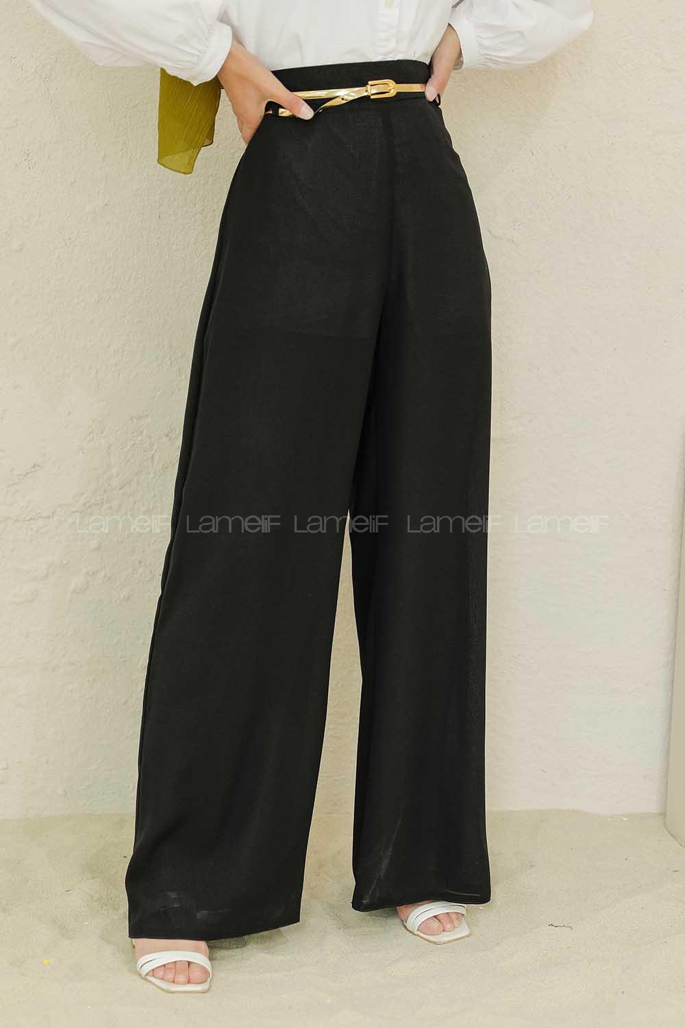 Modalamelif Parlak Kemerli Salaş Pantolon Siyah