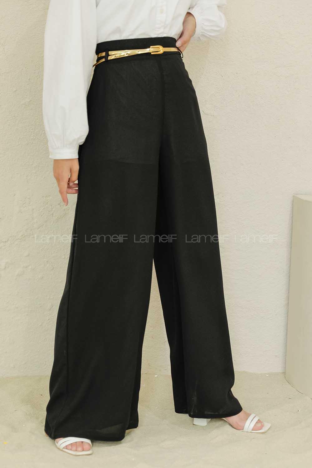 Modalamelif Parlak Kemerli Salaş Pantolon Siyah