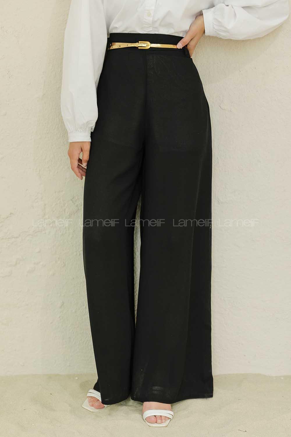 Modalamelif Parlak Kemerli Salaş Pantolon Siyah