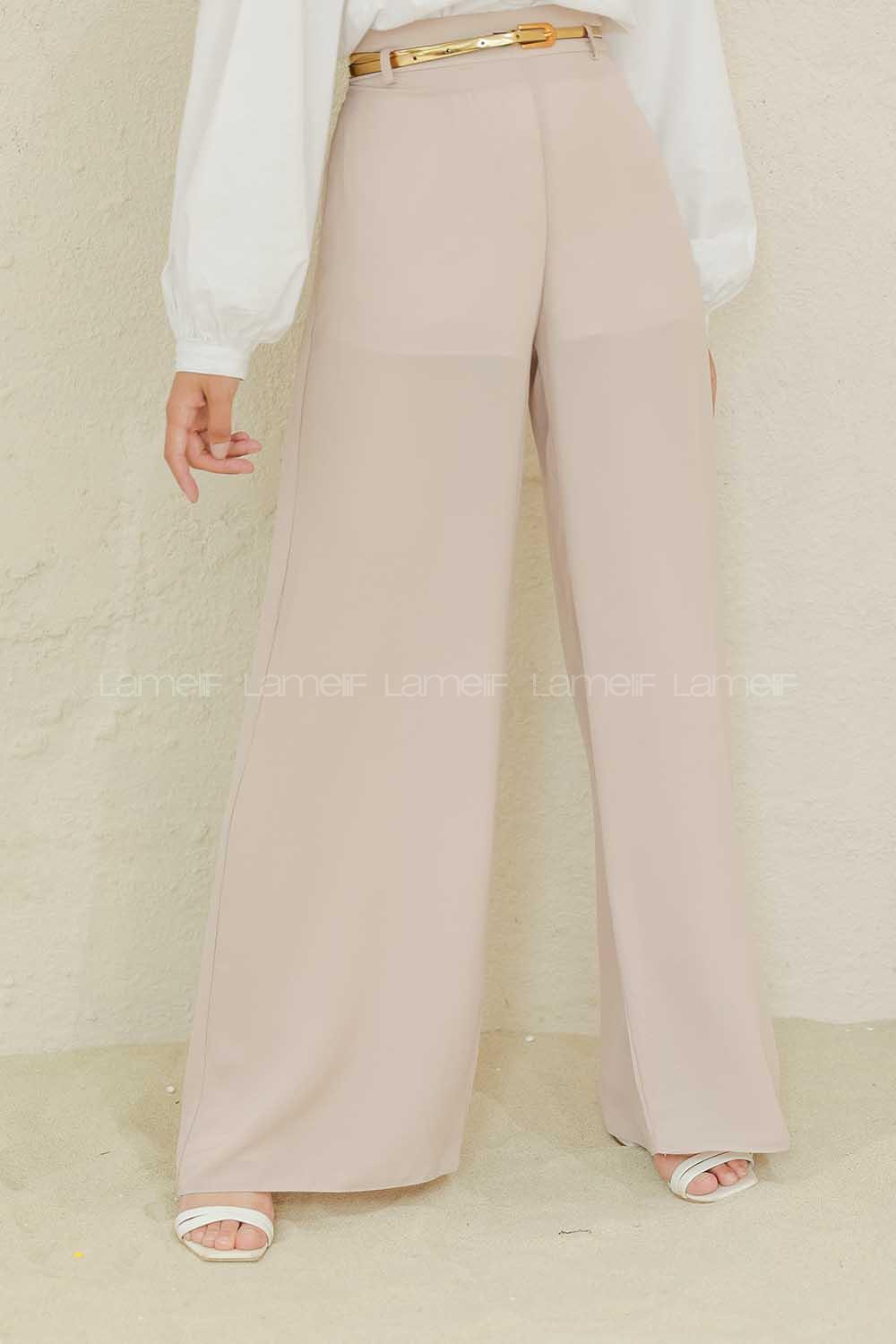 Modalamelif Parlak Kemerli Salaş Pantolon Taş