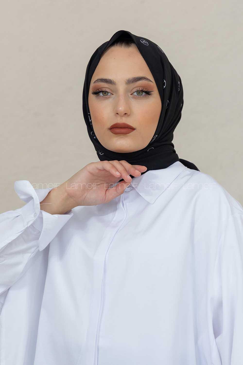 Modalamelif Siyah&Beyaz Mk Baskılı Medine İpeği Şal