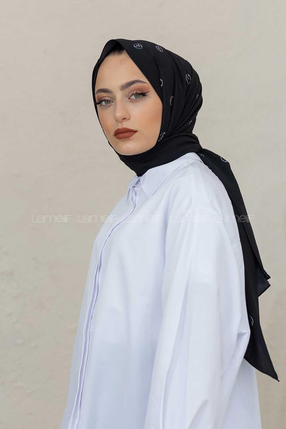 Modalamelif Siyah&Beyaz Mk Baskılı Medine İpeği Şal