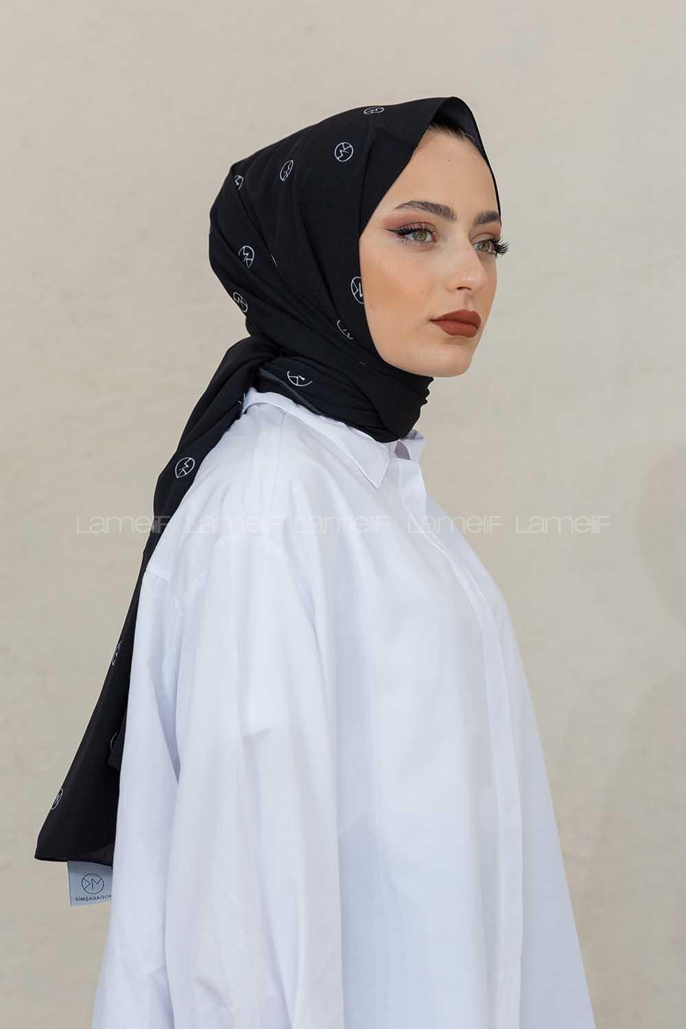 Modalamelif Siyah&Beyaz Mk Baskılı Medine İpeği Şal